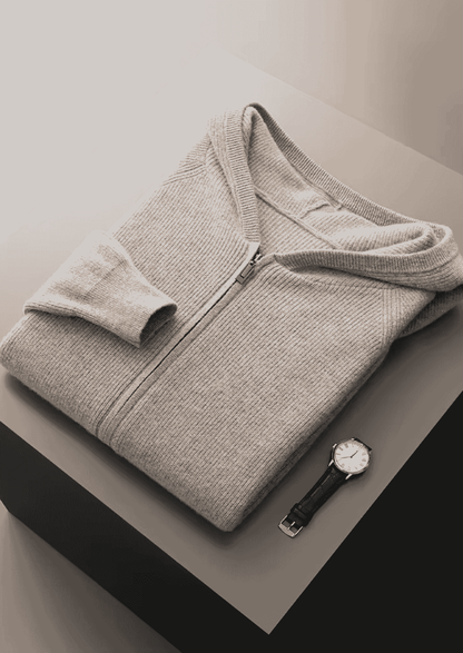 PURE EXTRA-FINE MERINO WOOL RIBBED ZIP HOODIE