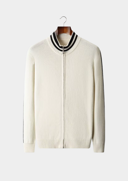 PURE EXTRA-FINE MERINO WOOL TWO TONE ZIP CARDIGAN
