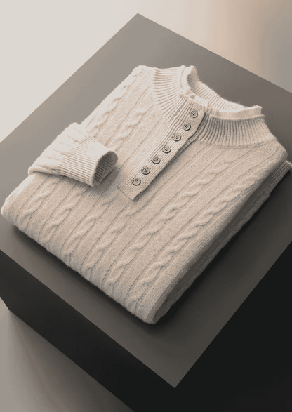 PURE EXTRA-FINE MERINO WOOL CABLE KNIT HENLEY SWEATER
