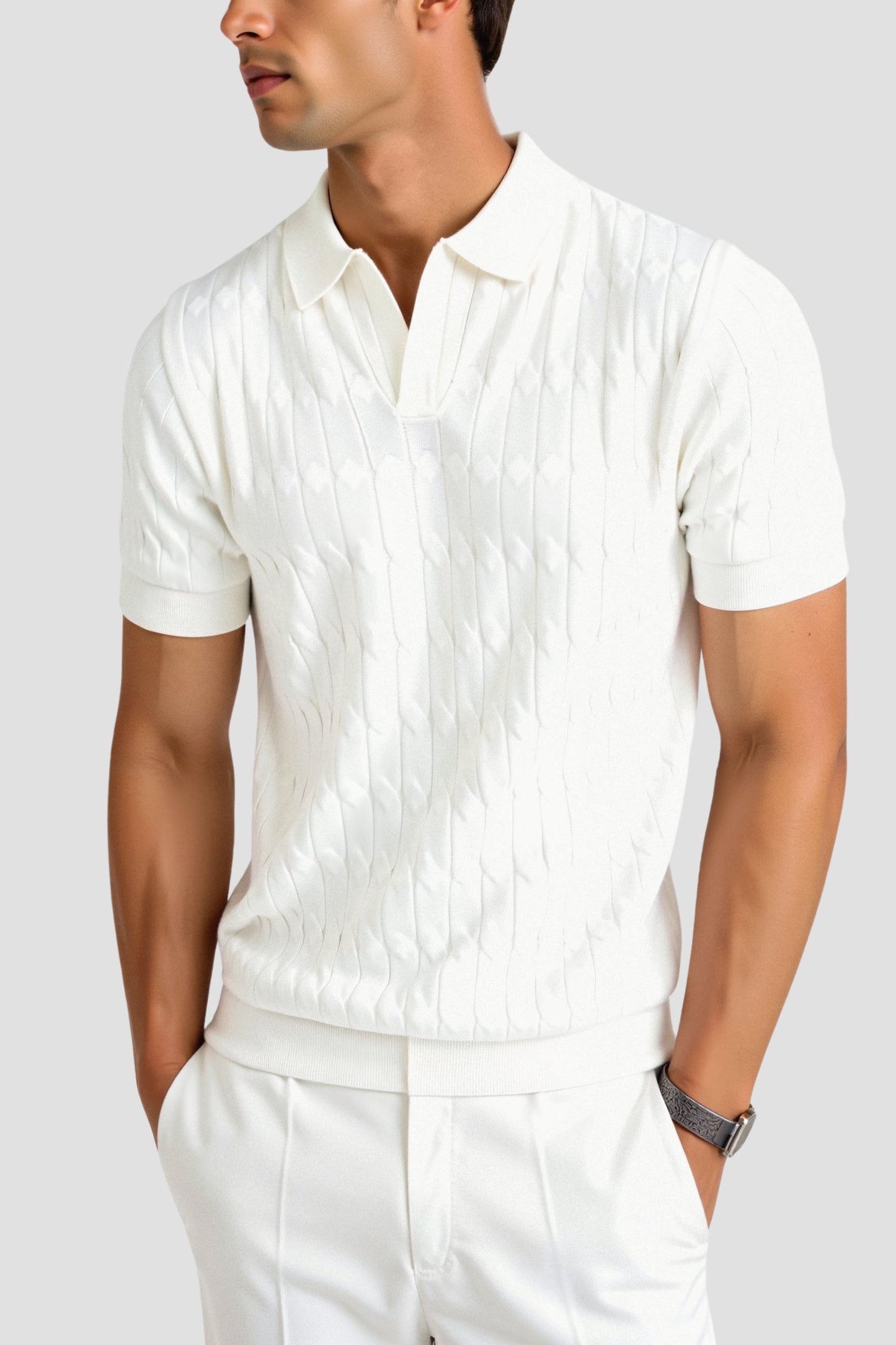 Premium V-Neck Cable Knit Polo – Skin-Soft | Luxury Texture | ASCENDARY®