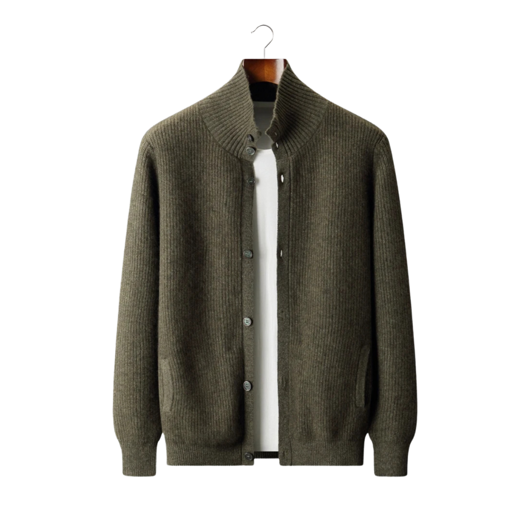 100% Cashmere Ribbed High Collar Cardigan – Hypoallergenic | Statement Piece | ASCENDARY®