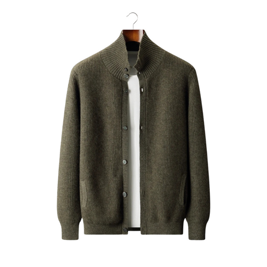 100% Cashmere Ribbed High Collar Cardigan – Hypoallergenic | Statement Piece | ASCENDARY®