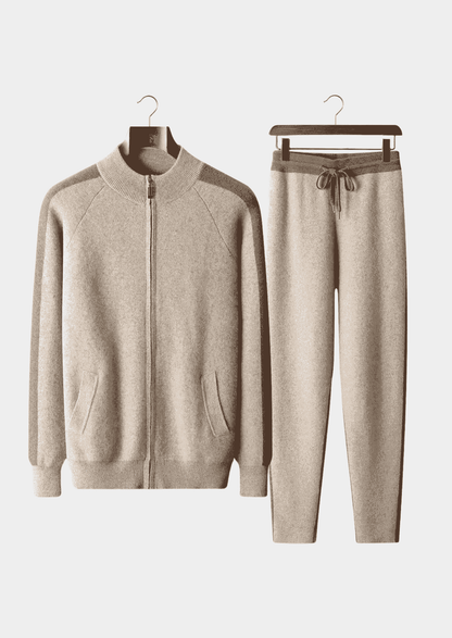 Men's 100% Cashmere Leisure Set – Sand – Zip Hoodie & Joggers – ASCENDARY®