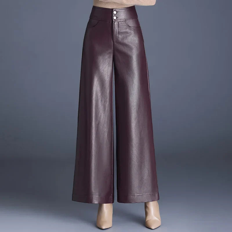 Glossy Leather Wide-Leg Pants