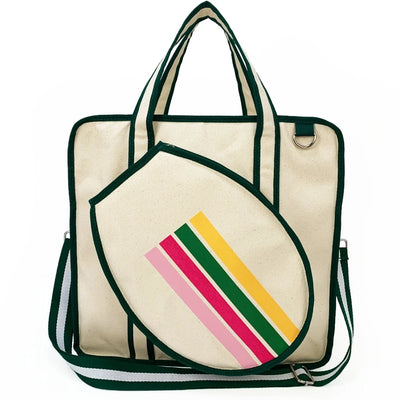Front view of Arden Pickleball Bag showing adjustable shoulder strap and stylish paddle pocket with pink, green, and yellow stripes.
