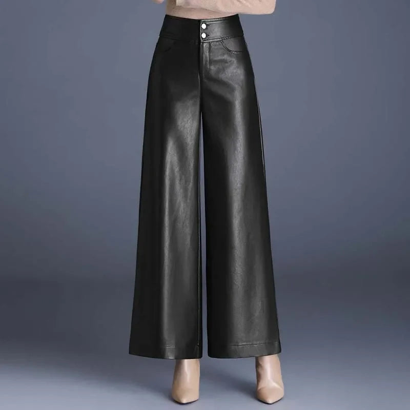 Glossy Leather Wide-Leg Pants